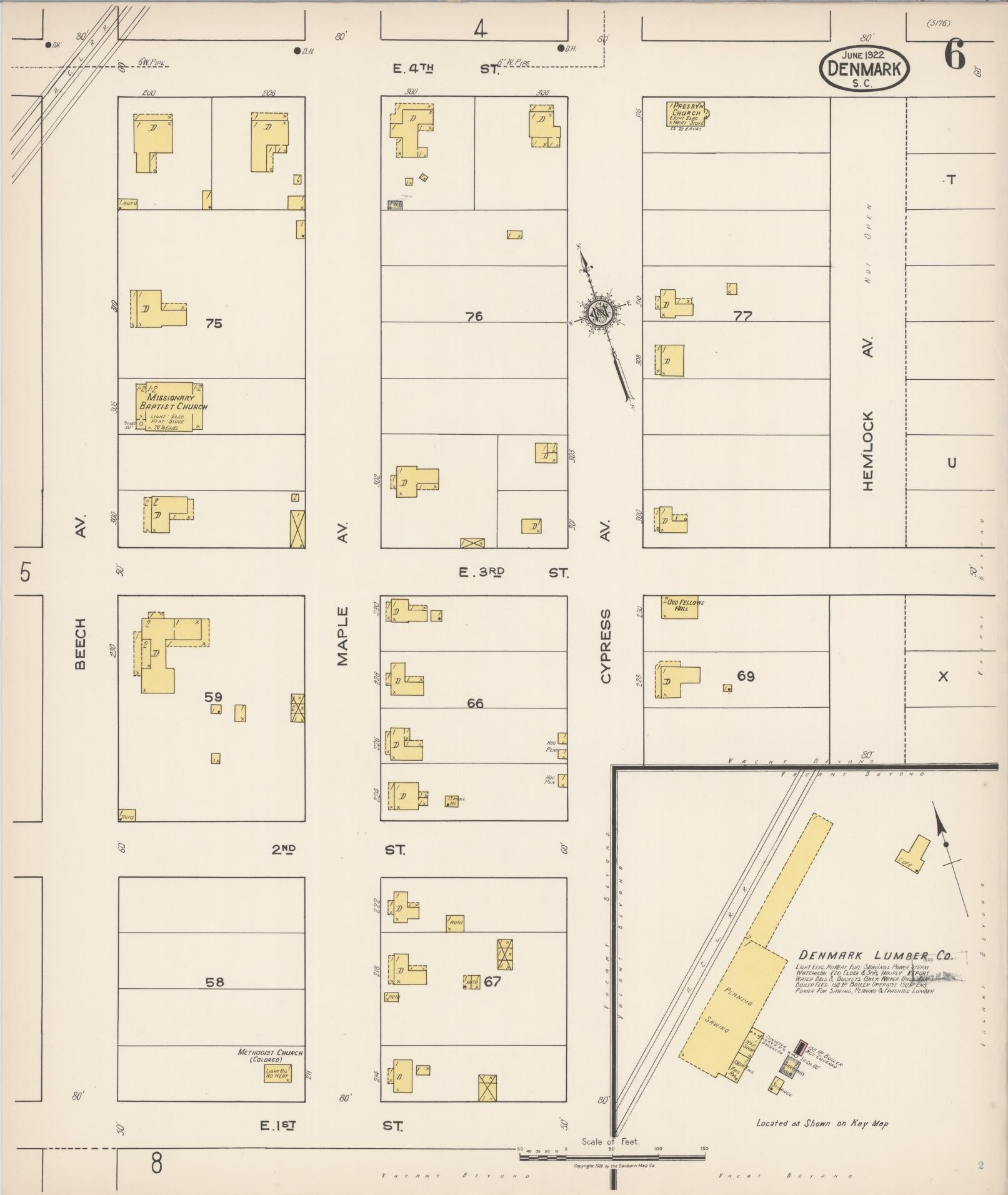Sanborn Fire Insurance Map from Denmark, Bamberg County, South Carolina (1922), Sheet #0006 - Complete Map Set gallery image, historic Sanborn map, vintage wall art, South Carolina South Carolina