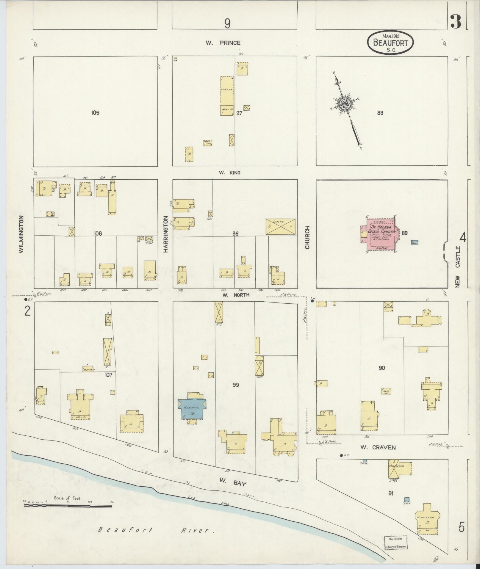 Sanborn Fire Insurance Map from Beaufort, Beaufort County, South Carolina (1912), Sheet #0003 - Historic Sanborn Fire Insurance Map Print, vintage old map wall art, antique decor, genealogy gift, South Carolina South Carolina map
