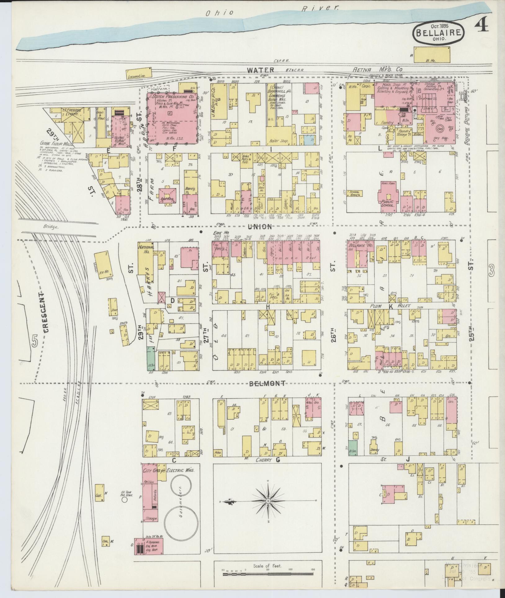 Sanborn Fire Insurance Map from Bellaire, Belmont County, Ohio (1895), Sheet #0004 - Historic Sanborn Fire Insurance Map Print, vintage old map wall art, antique decor, genealogy gift, Ohio Ohio map