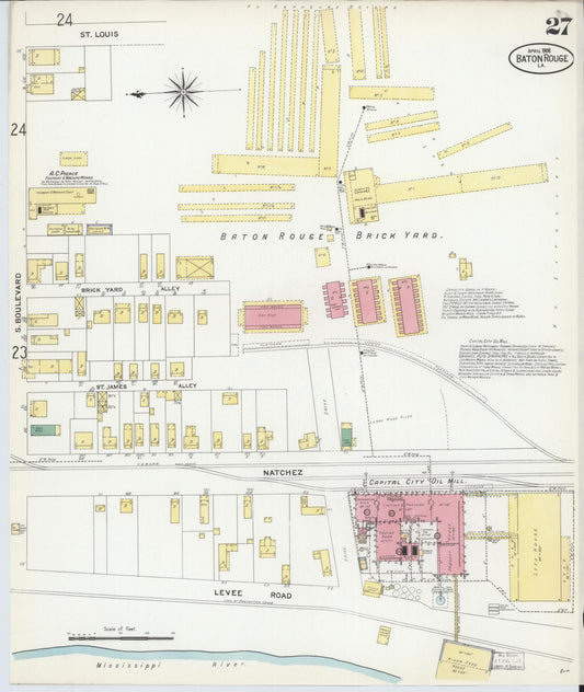 Sanborn Fire Insurance Map from Baton Rouge, East Baton Rouge Parish, Louisiana (1908), Sheet #0027 - Historic Sanborn Fire Insurance Map Print, vintage old map wall art, antique decor, genealogy gift, Louisiana Louisiana map