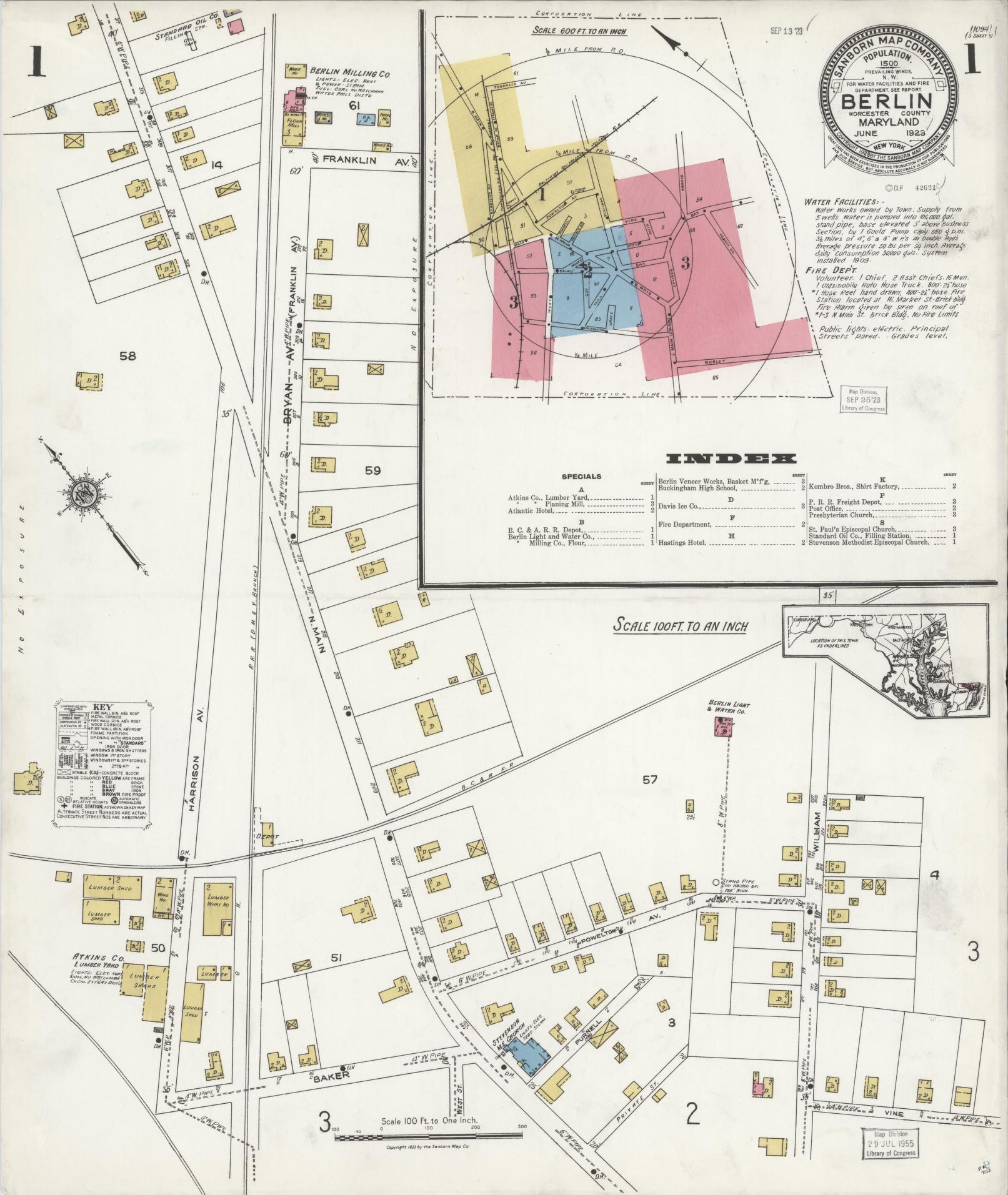 Sanborn Fire Insurance Map from Berlin, Worcester County, Maryland (1923), Sheet #0001 - Historic Sanborn Fire Insurance Map Print, vintage old map wall art, antique decor, genealogy gift, Maryland Maryland map