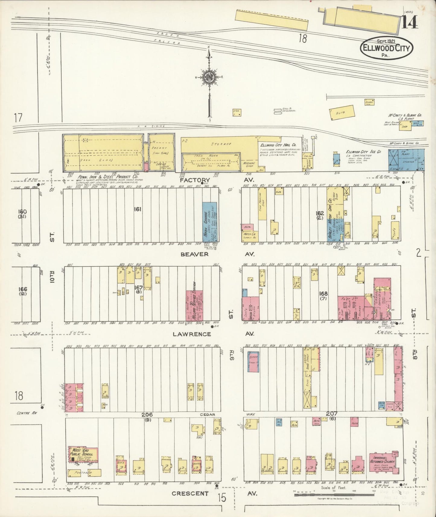 Sanborn Fire Insurance Map from Ellwood City, Lawrence County, Pennsylvania (1921), Sheet #0014 - Historic Sanborn Fire Insurance Map Print, vintage old map wall art, antique decor, genealogy gift, Pennsylvania Pennsylvania map