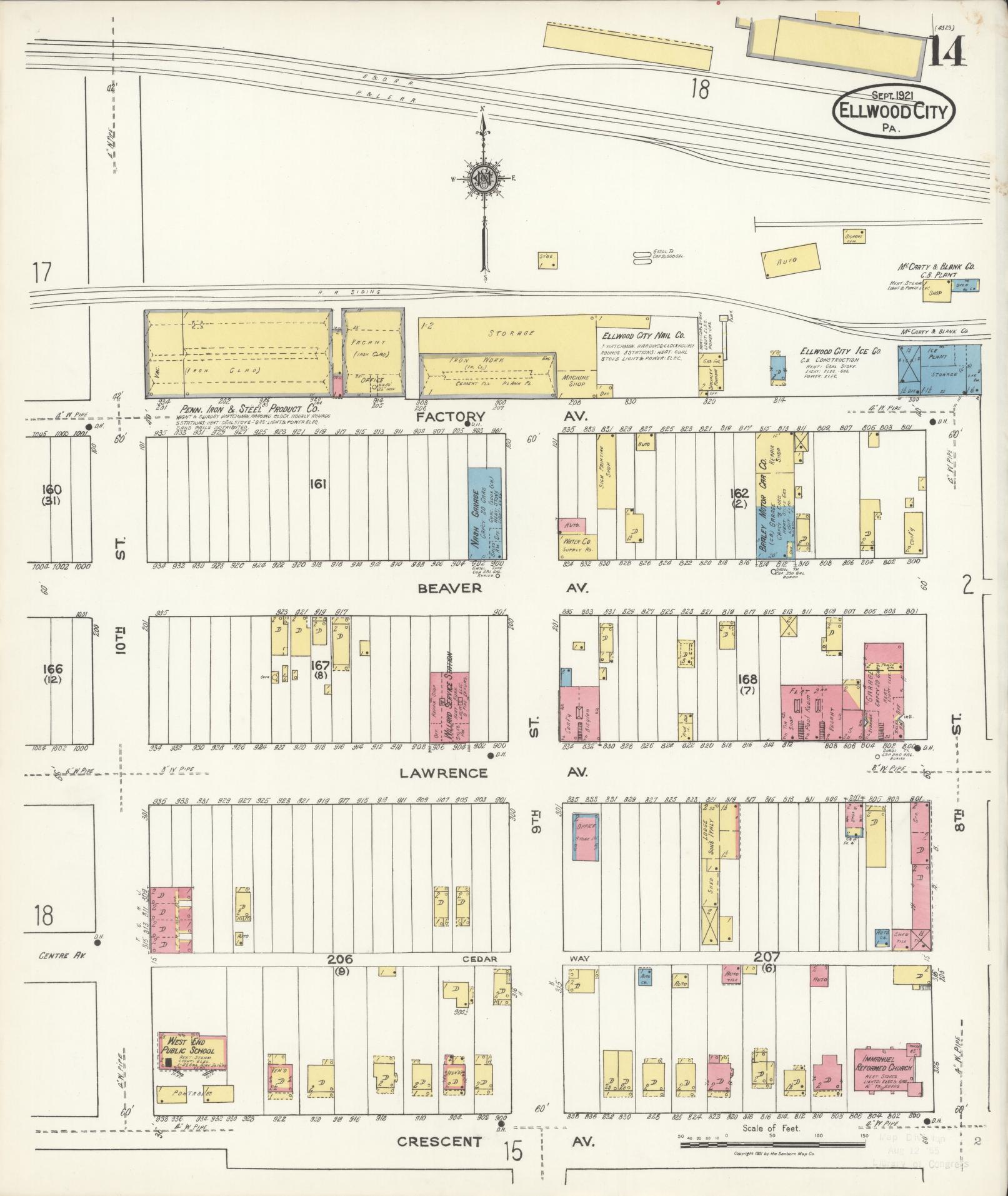 Sanborn Fire Insurance Map from Ellwood City, Lawrence County, Pennsylvania (1921), Sheet #0014 - Historic Sanborn Fire Insurance Map Print, vintage old map wall art, antique decor, genealogy gift, Pennsylvania Pennsylvania map