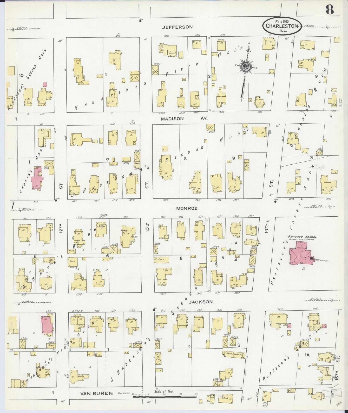 Sanborn Fire Insurance Map from Charleston, Coles County, Illinois (1910), Sheet #0008 - Complete Map Set gallery image, historic Sanborn map, vintage wall art, Illinois Illinois