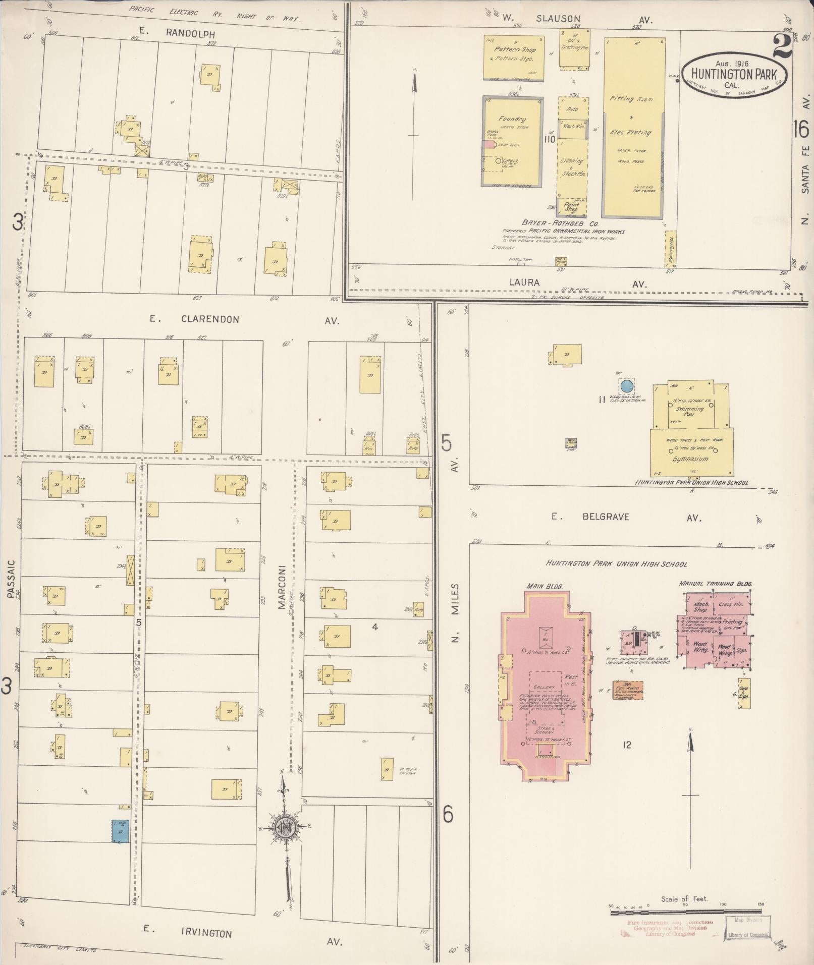 Sanborn Fire Insurance Map from Huntington Park, Los Angeles County, California (1916), Sheet #0002 - Historic Sanborn Fire Insurance Map Print, vintage old map wall art, antique decor, genealogy gift, California California map