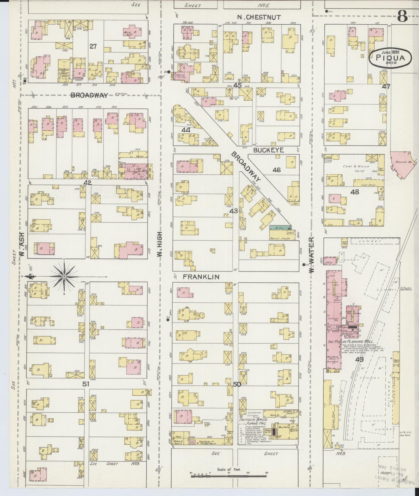 Sanborn Fire Insurance Map from Piqua, Miami County, Ohio (1892), Sheet #0008 - Historic Sanborn Fire Insurance Map Print, vintage old map wall art, antique decor, genealogy gift, Ohio Ohio map