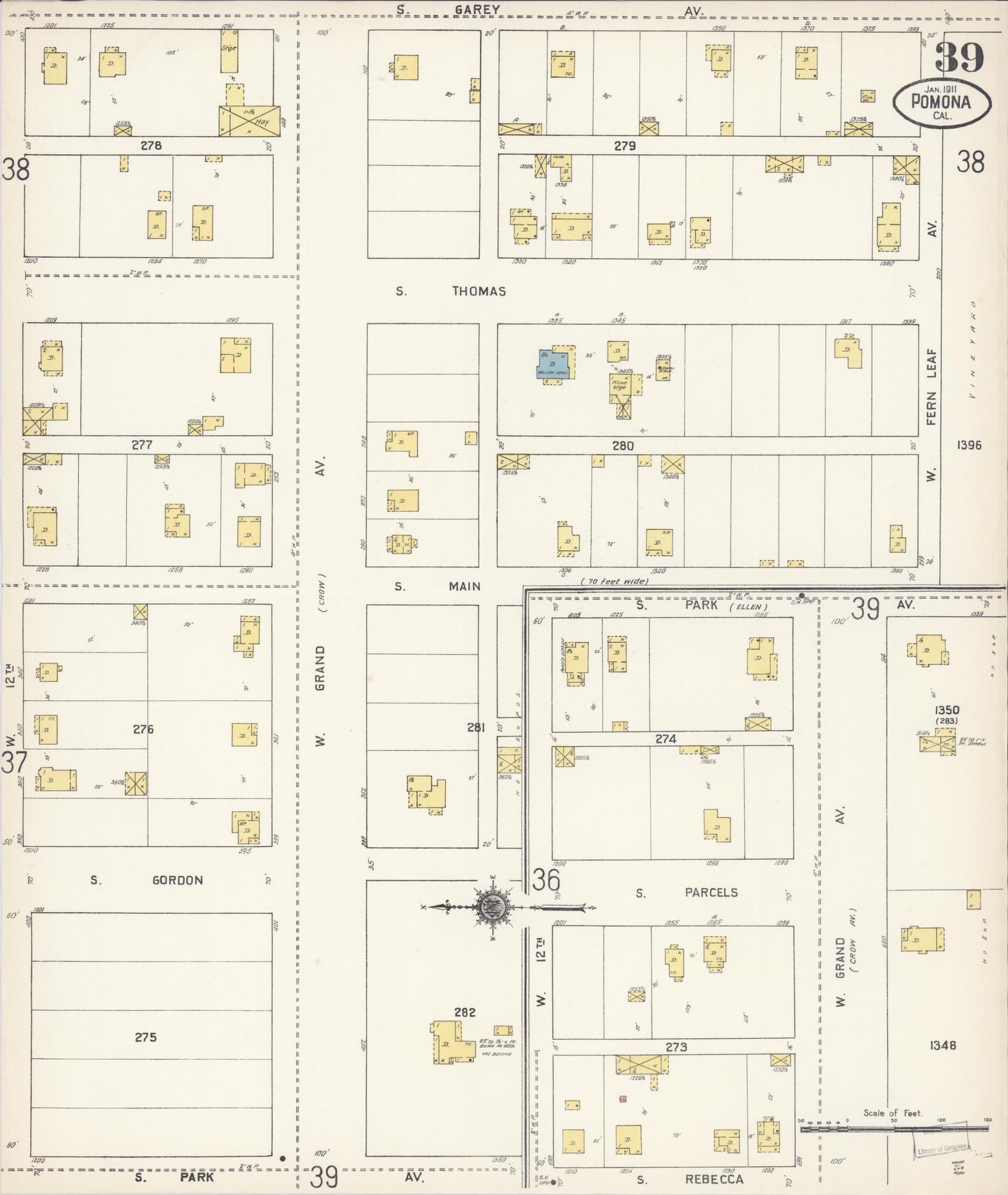 Sanborn Fire Insurance Map from Pomona, Los Angeles County, California (1911), Sheet #0039 - Complete Map Set gallery image, historic Sanborn map, vintage wall art, California California
