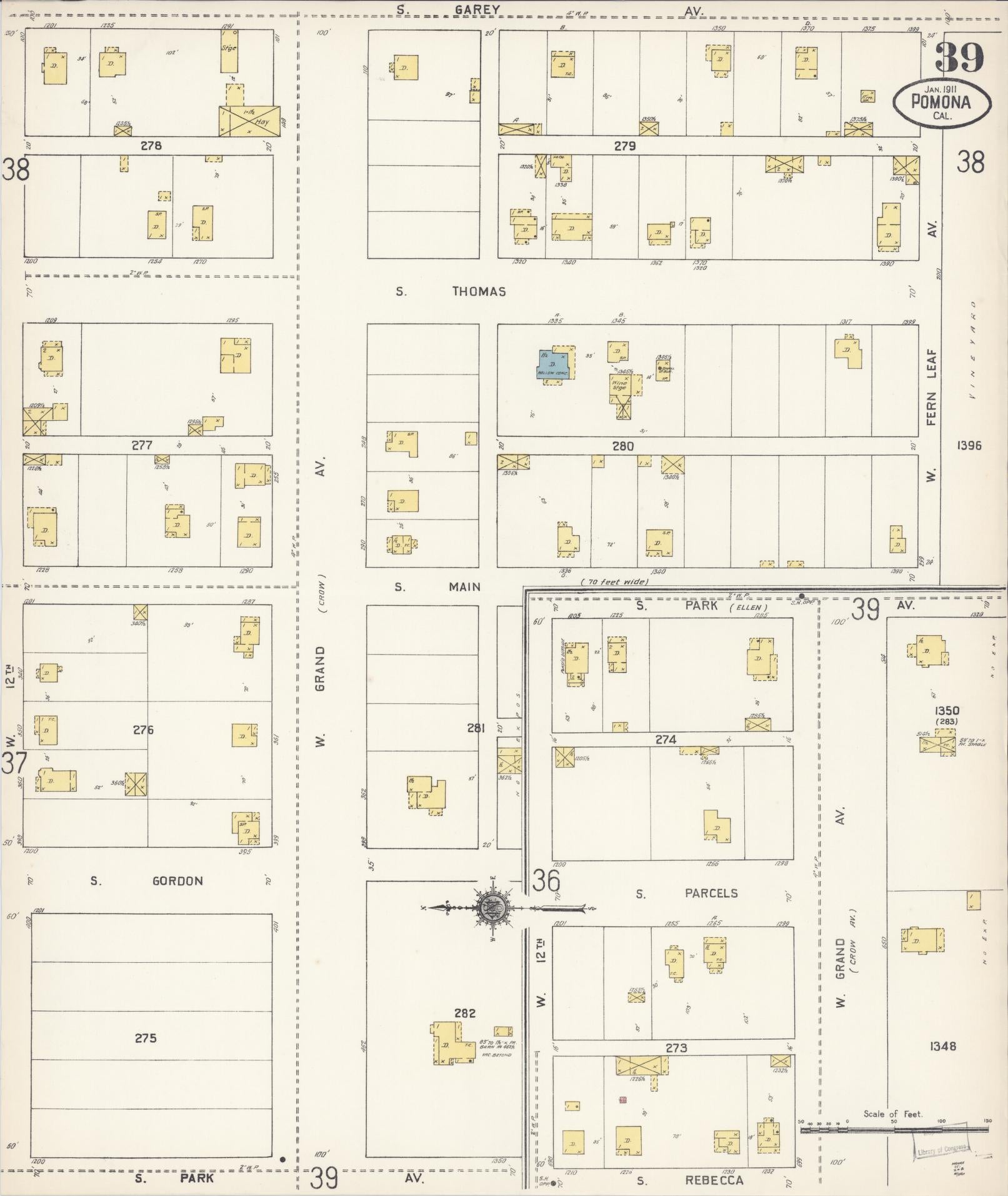 Sanborn Fire Insurance Map from Pomona, Los Angeles County, California (1911), Sheet #0039 - Complete Map Set gallery image, historic Sanborn map, vintage wall art, California California