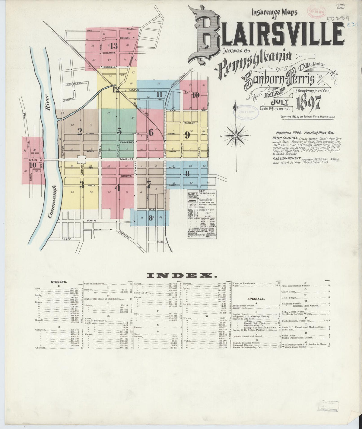 Sanborn Fire Insurance Map from Blairsville, Indiana County, Pennsylvania (1897), Sheet #0001 - Historic Sanborn Fire Insurance Map Print, vintage old map wall art, antique decor, genealogy gift, Blairsville Indiana map
