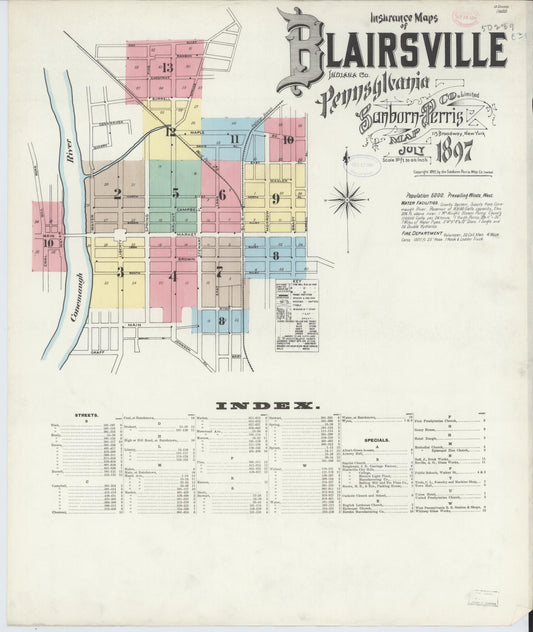Sanborn Fire Insurance Map from Blairsville, Indiana County, Pennsylvania (1897), Sheet #0001 - Historic Sanborn Fire Insurance Map Print, vintage old map wall art, antique decor, genealogy gift, Blairsville Indiana map