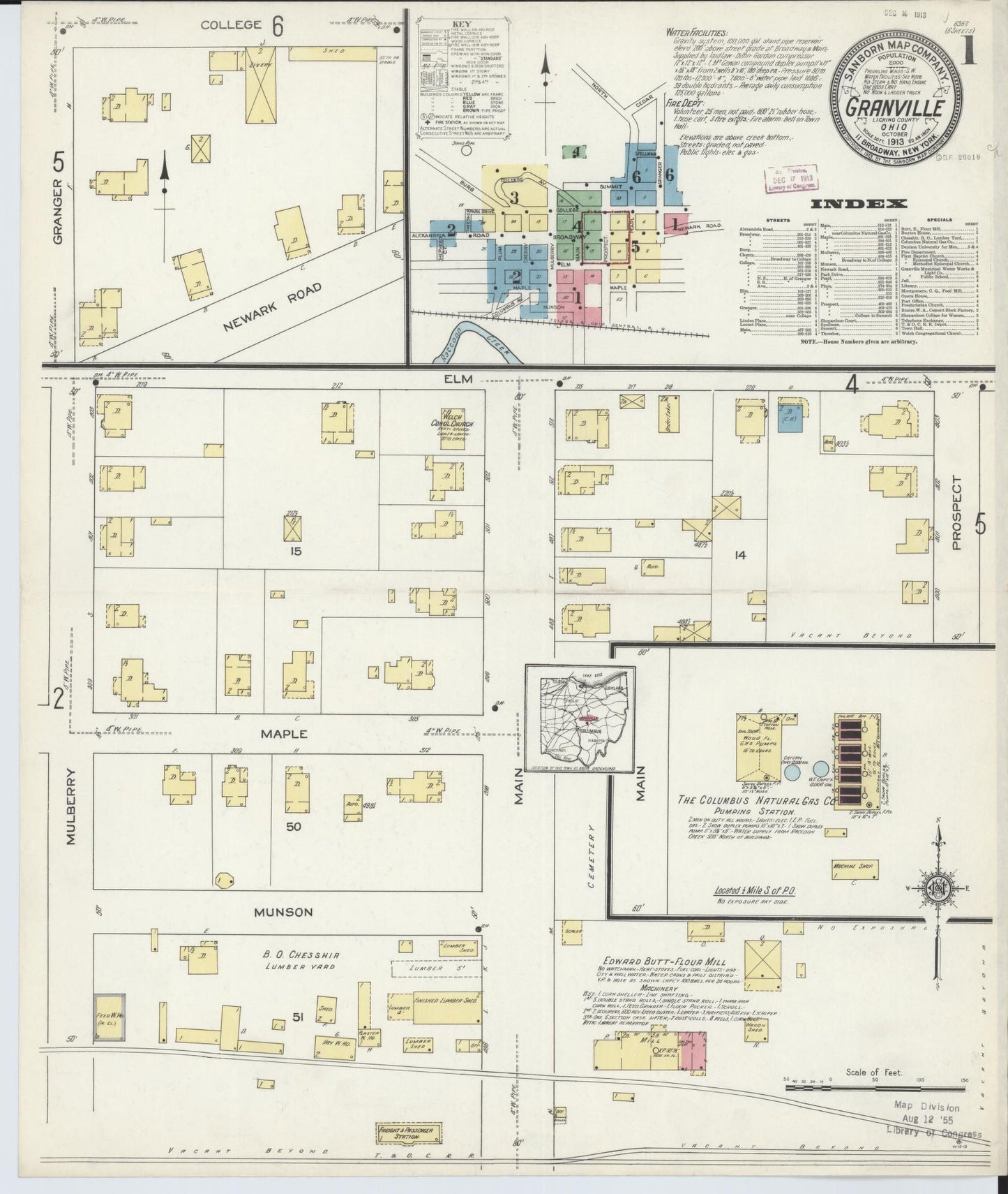 Sanborn Fire Insurance Map from Granville, Licking County, Ohio (1913), Sheet #0001 - Historic Sanborn Fire Insurance Map Print, vintage old map wall art, antique decor, genealogy gift, Ohio Ohio map