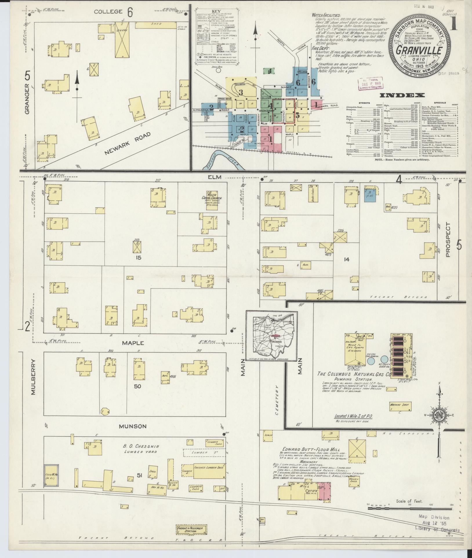 Sanborn Fire Insurance Map from Granville, Licking County, Ohio (1913), Sheet #0001 - Historic Sanborn Fire Insurance Map Print, vintage old map wall art, antique decor, genealogy gift, Ohio Ohio map