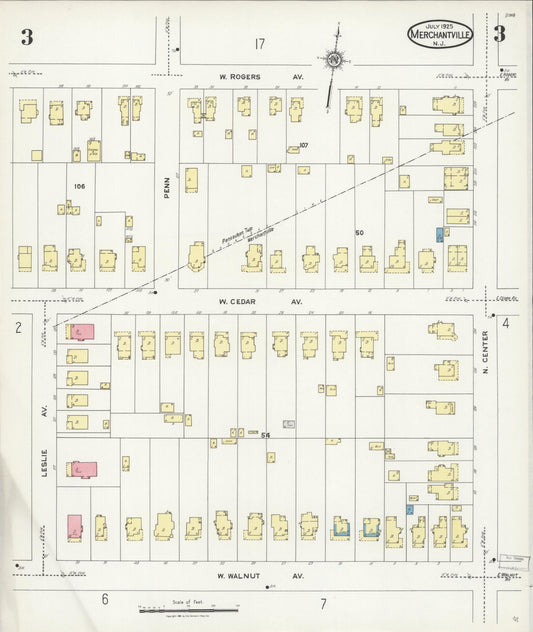 Sanborn Fire Insurance Map from Merchantville, Camden County, New Jersey (1925), Sheet #0003 - Historic Sanborn Fire Insurance Map Print, vintage old map wall art, antique decor, genealogy gift, New Jersey New Jersey map