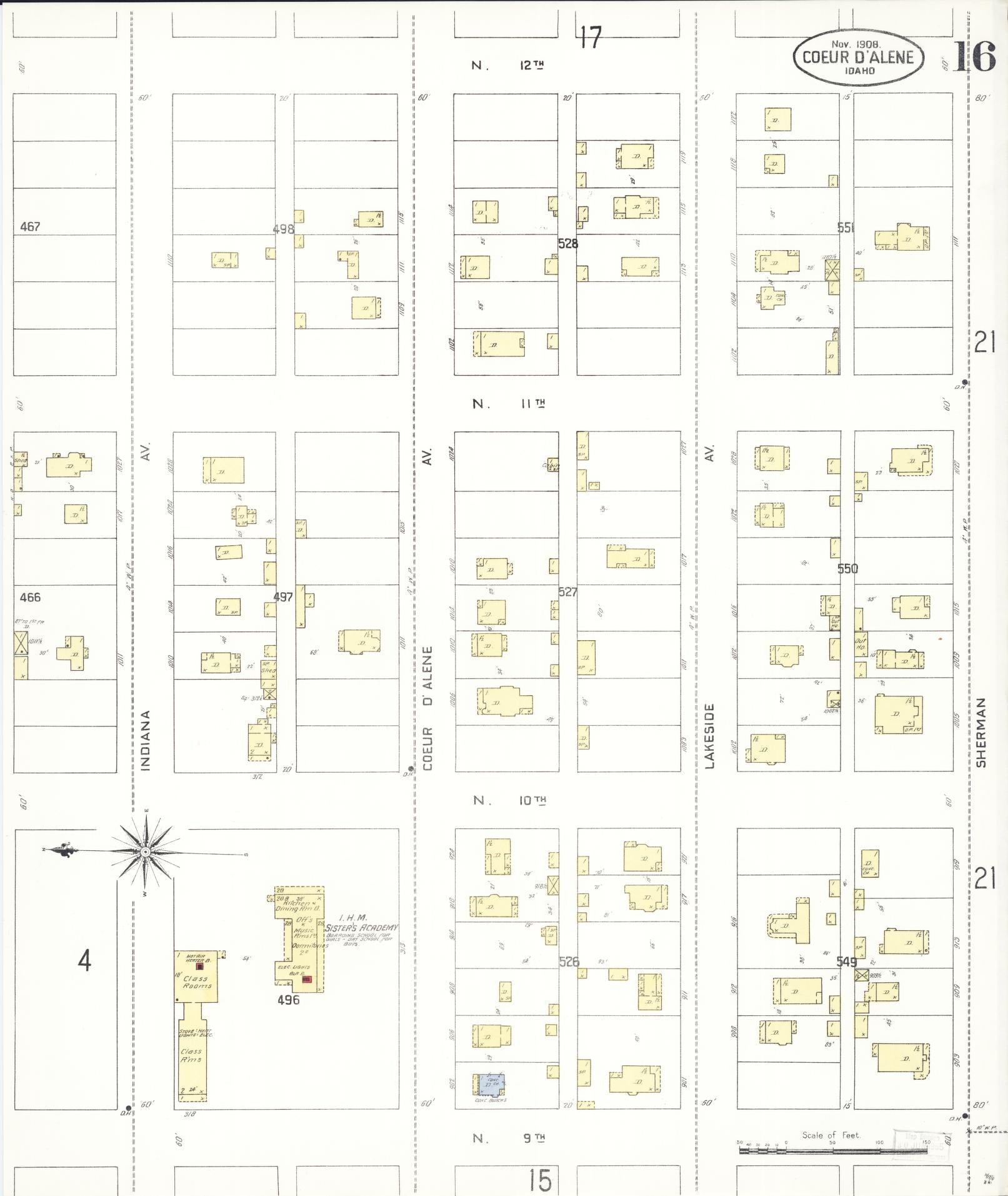 Sanborn Fire Insurance Map from Coeur D'alene, Kootenai County, Idaho (1908), Sheet #0016 - Complete Map Set gallery image, historic Sanborn map, vintage wall art, Idaho Idaho