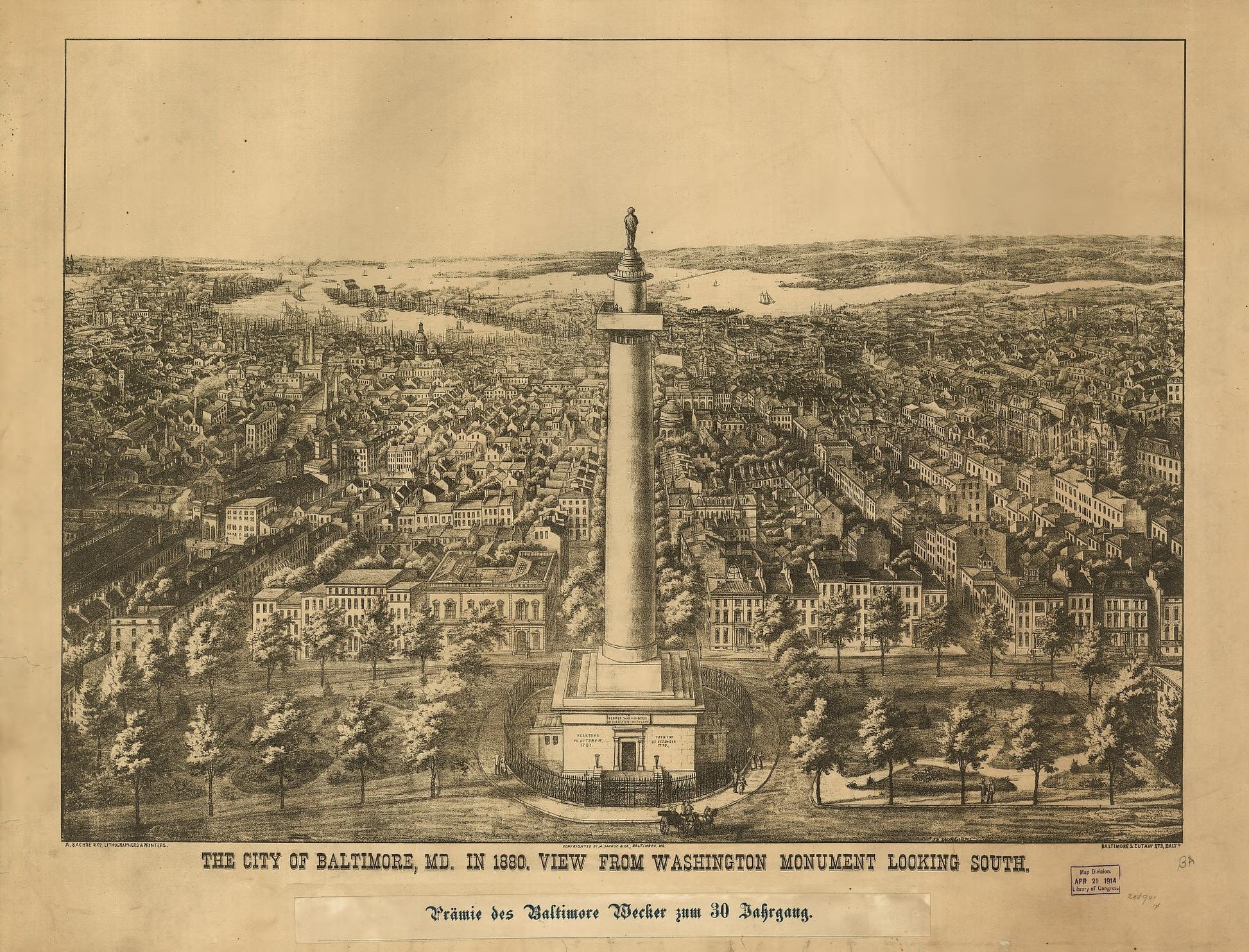 The city of Baltimore City, Md. in 1880 View from Washington Monument looking south (1880) – Historic Bird’s-Eye View Panorama Print