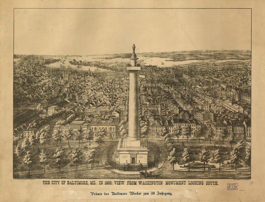 The city of Baltimore City, Md. in 1880 View from Washington Monument looking south (1880) – Historic Bird’s-Eye View Panorama Print