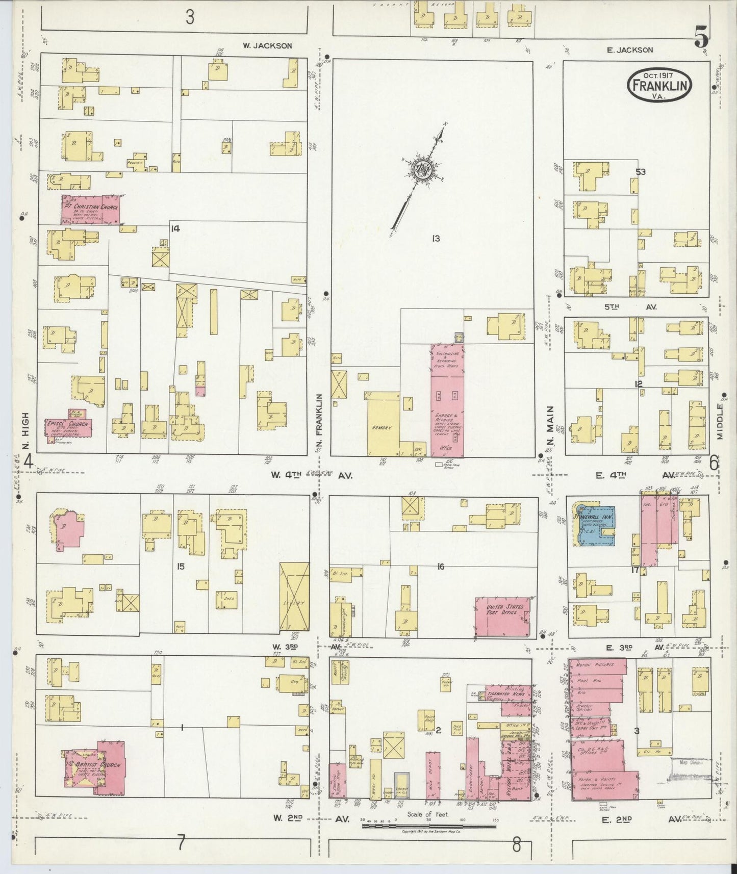 Sanborn Fire Insurance Map from Franklin, Independent Cities, Virginia (1917), Sheet #0005 - Complete Map Set gallery image, historic Sanborn map, vintage wall art, Virginia Virginia