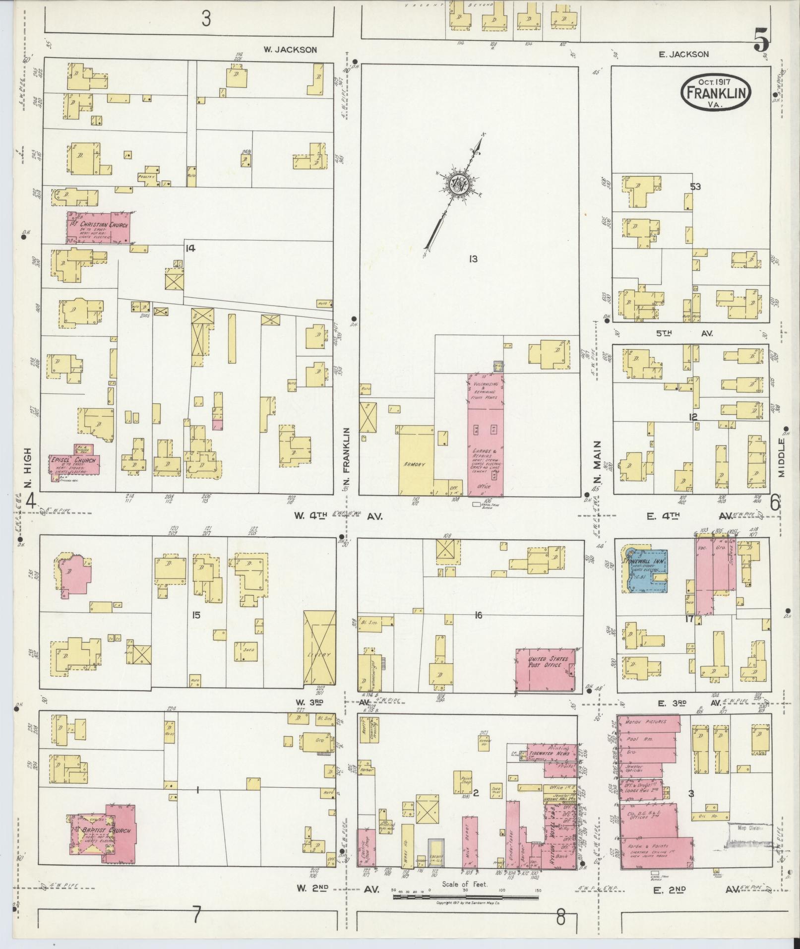 Sanborn Fire Insurance Map from Franklin, Independent Cities, Virginia (1917), Sheet #0005 - Complete Map Set gallery image, historic Sanborn map, vintage wall art, Virginia Virginia