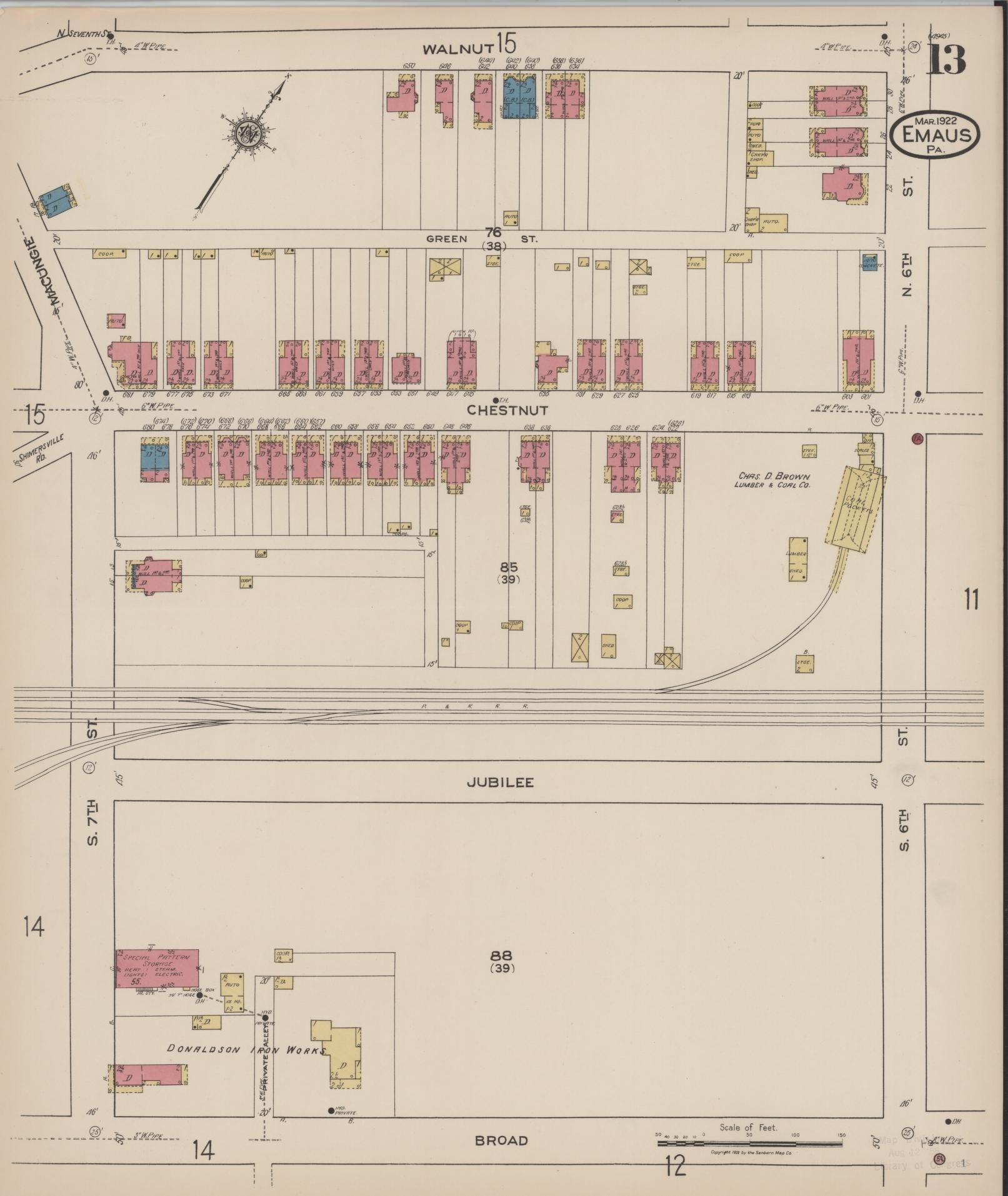 Sanborn Fire Insurance Map from Emaus, Lehigh County, Pennsylvania (1922), Sheet #0013 - Historic Sanborn Fire Insurance Map Print, vintage old map wall art, antique decor, genealogy gift, Pennsylvania Pennsylvania map