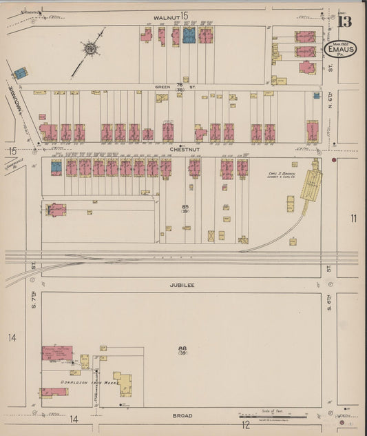 Sanborn Fire Insurance Map from Emaus, Lehigh County, Pennsylvania (1922), Sheet #0013 - Historic Sanborn Fire Insurance Map Print, vintage old map wall art, antique decor, genealogy gift, Pennsylvania Pennsylvania map