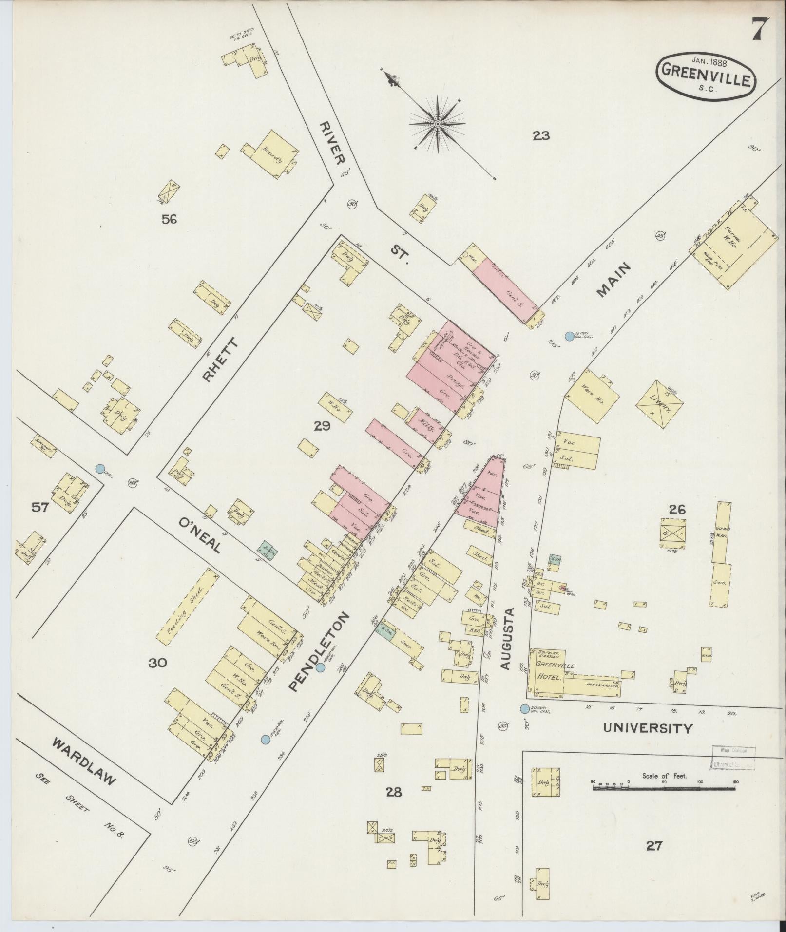 Sanborn Fire Insurance Map from Greenville, Greenville County, South Carolina (1888), Sheet #0007 - Historic Sanborn Fire Insurance Map Print, vintage old map wall art, antique decor, genealogy gift, South Carolina South Carolina map