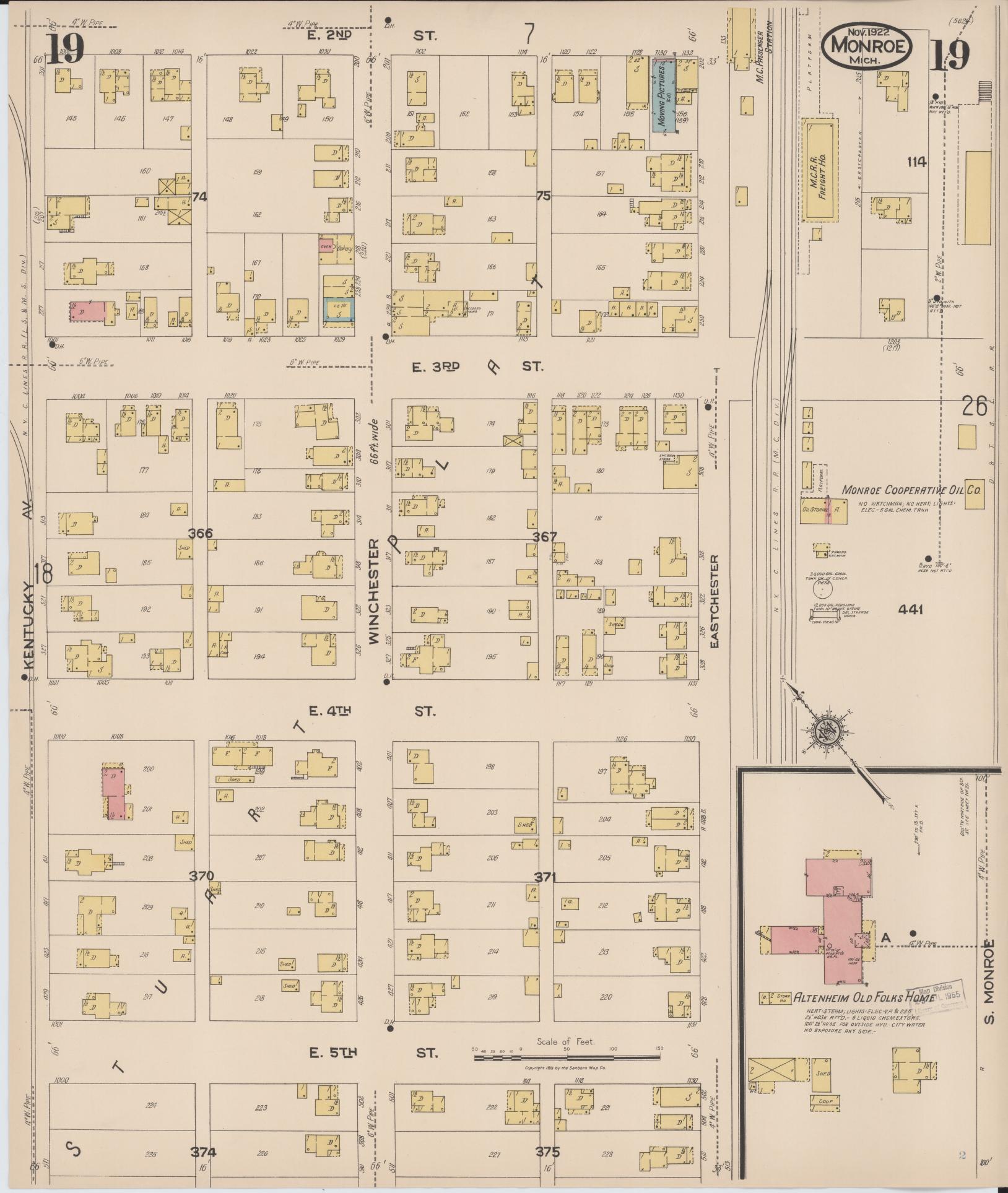 Sanborn Fire Insurance Map from Monroe, Monroe County, Michigan (1922), Sheet #0019 - Historic Sanborn Fire Insurance Map Print, vintage old map wall art, antique decor, genealogy gift, Michigan Michigan map