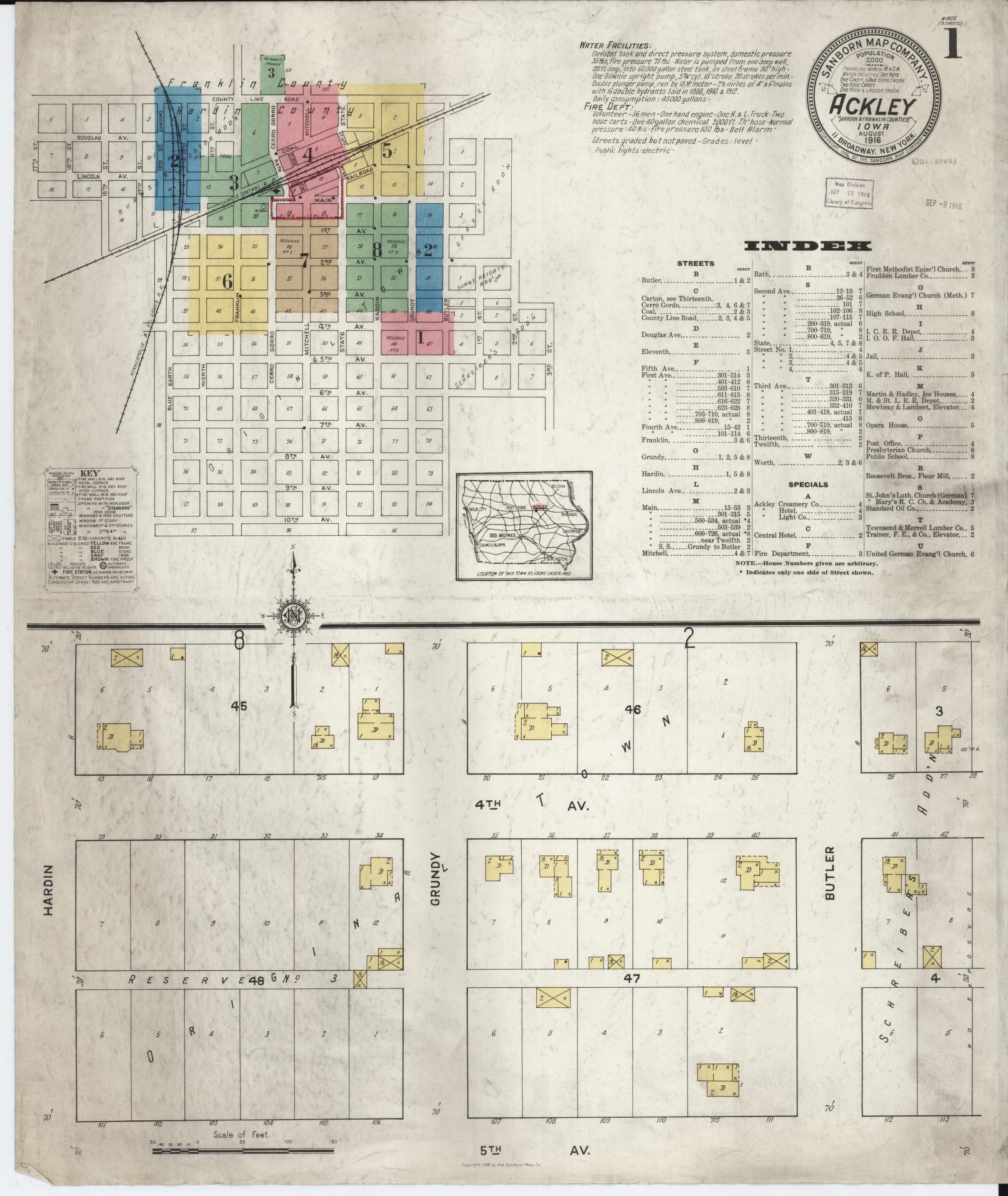 Sanborn Fire Insurance Map from Ackley, Hardin and Franklin Counties, Iowa (1916), Sheet #0001 - Historic Sanborn Fire Insurance Map Print, vintage old map wall art