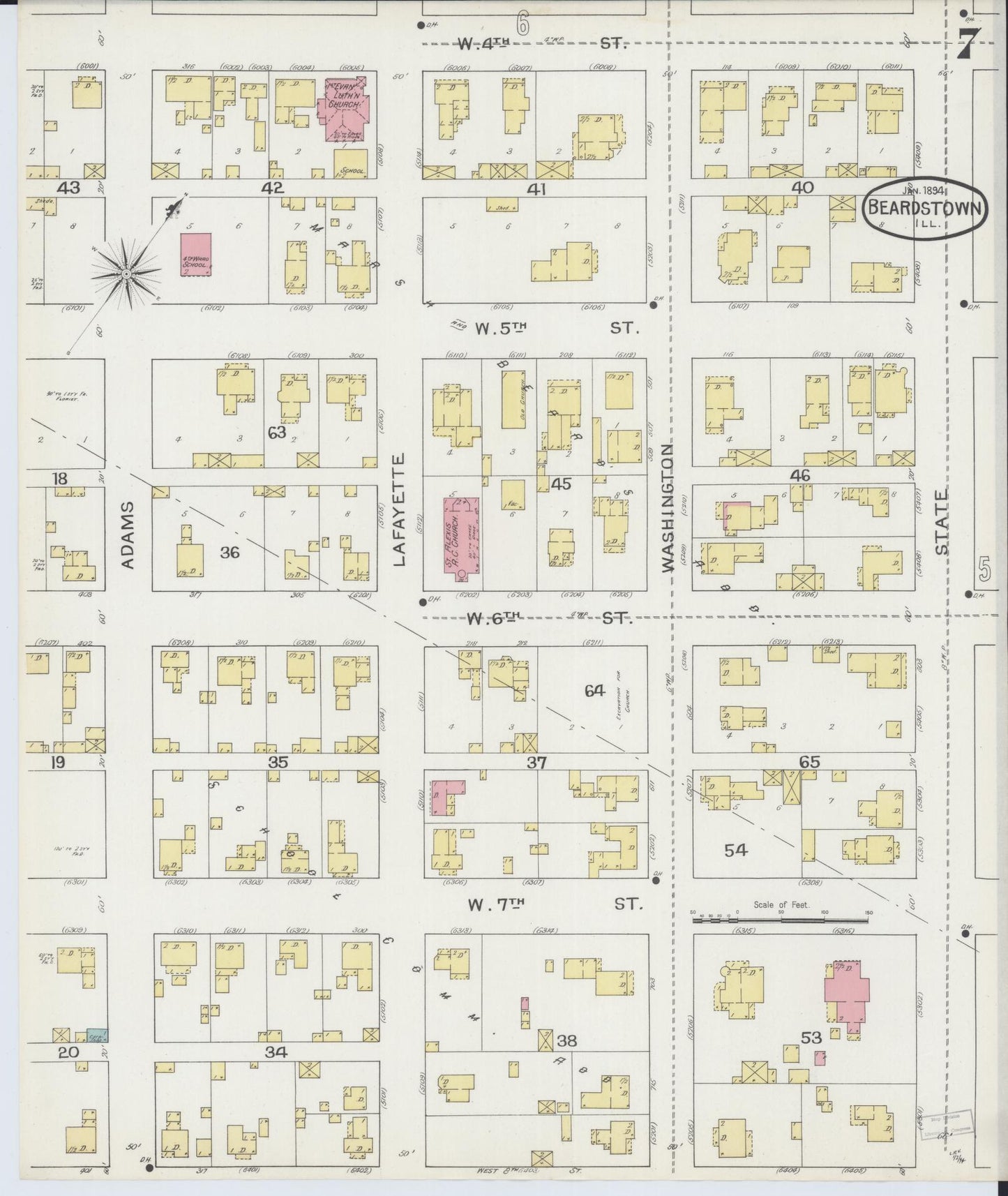 Sanborn Fire Insurance Map from Beardstown, Cass County, Illinois (1894), Sheet #0007 - Complete Map Set gallery image, historic Sanborn map, vintage wall art, Illinois Illinois