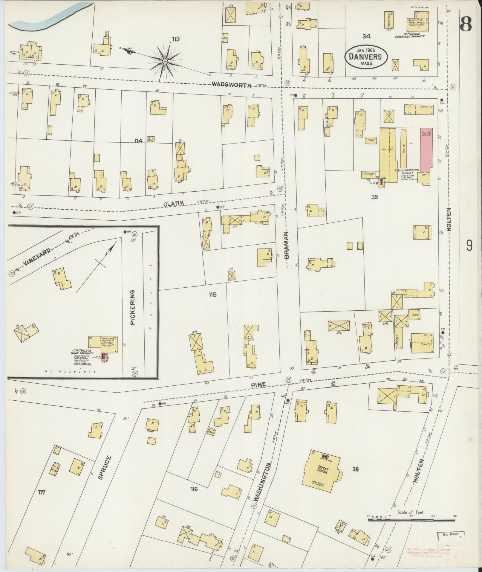 Sanborn Fire Insurance Map from Danvers, Essex County, Massachusetts (1903), Sheet #0008 - Historic Sanborn Fire Insurance Map Print, vintage old map wall art, antique decor, genealogy gift, Massachusetts Massachusetts map