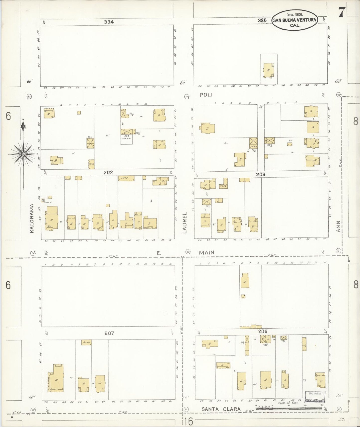 Sanborn Fire Insurance Map from San Buenaventura, Ventura County, California (1906), Sheet #0007 - Complete Map Set gallery image, historic Sanborn map, vintage wall art, California California