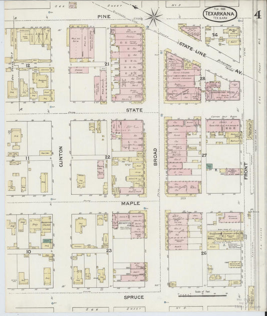 Sanborn Fire Insurance Map from Texarkana, Bowie County, Texas (1888), Sheet #0004 - Historic Sanborn Fire Insurance Map Print, vintage old map wall art, antique decor, genealogy gift, Texas Texas map
