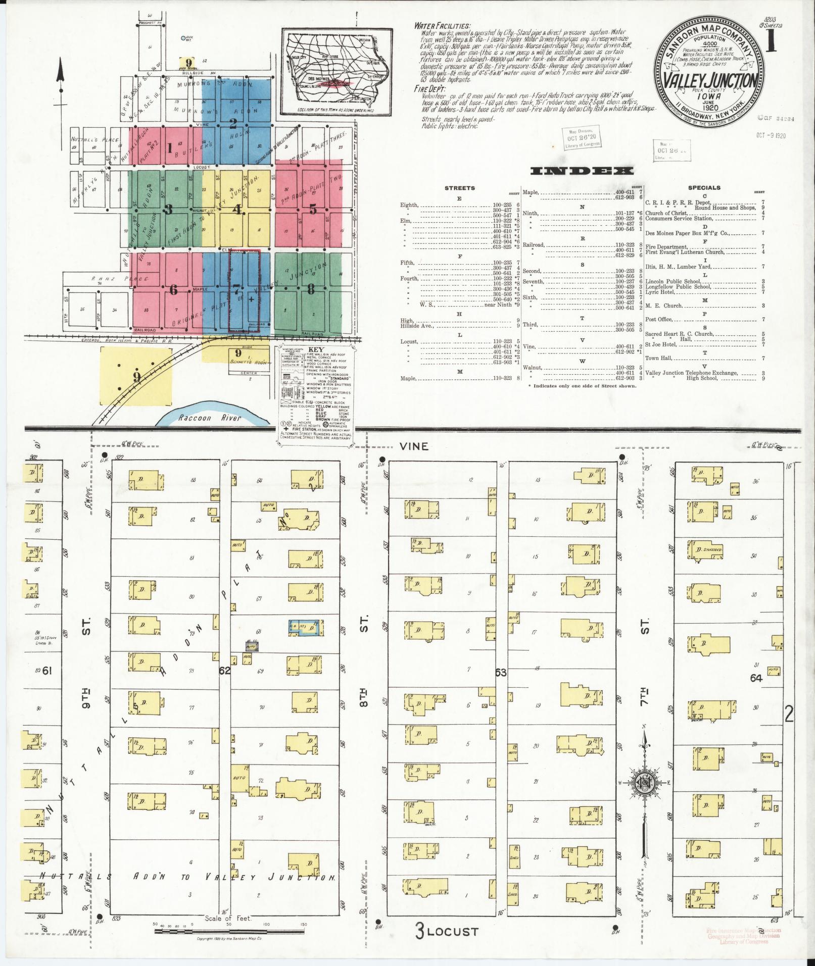 Sanborn Fire Insurance Map from Valley Junction, Polk County, Iowa (1920), Sheet #0001 - Historic Sanborn Fire Insurance Map Print, vintage old map wall art