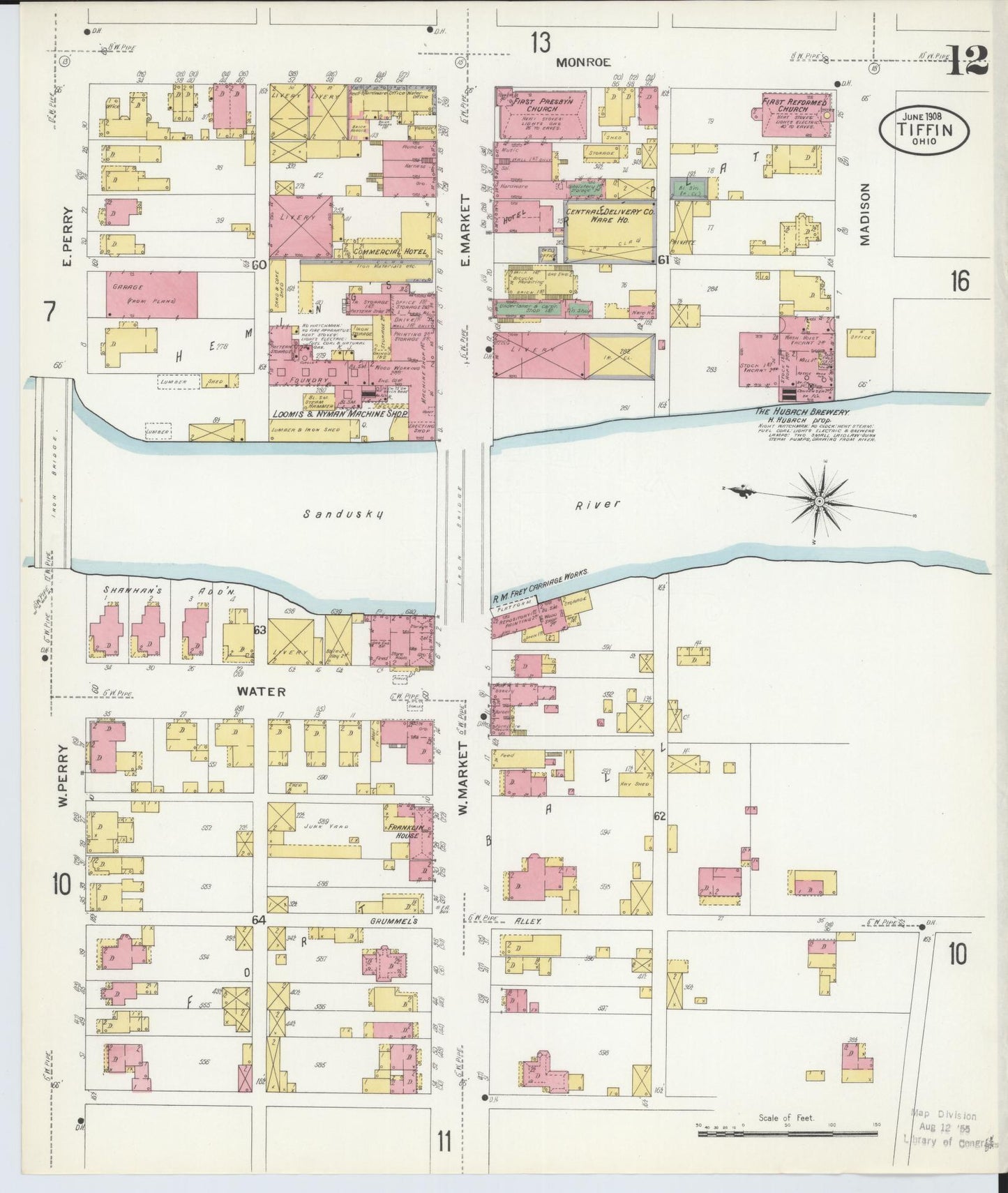 Sanborn Fire Insurance Map from Tiffin, Seneca County, Ohio (1908), Sheet #0012 - Complete Map Set gallery image, historic Sanborn map, vintage wall art, Ohio Ohio