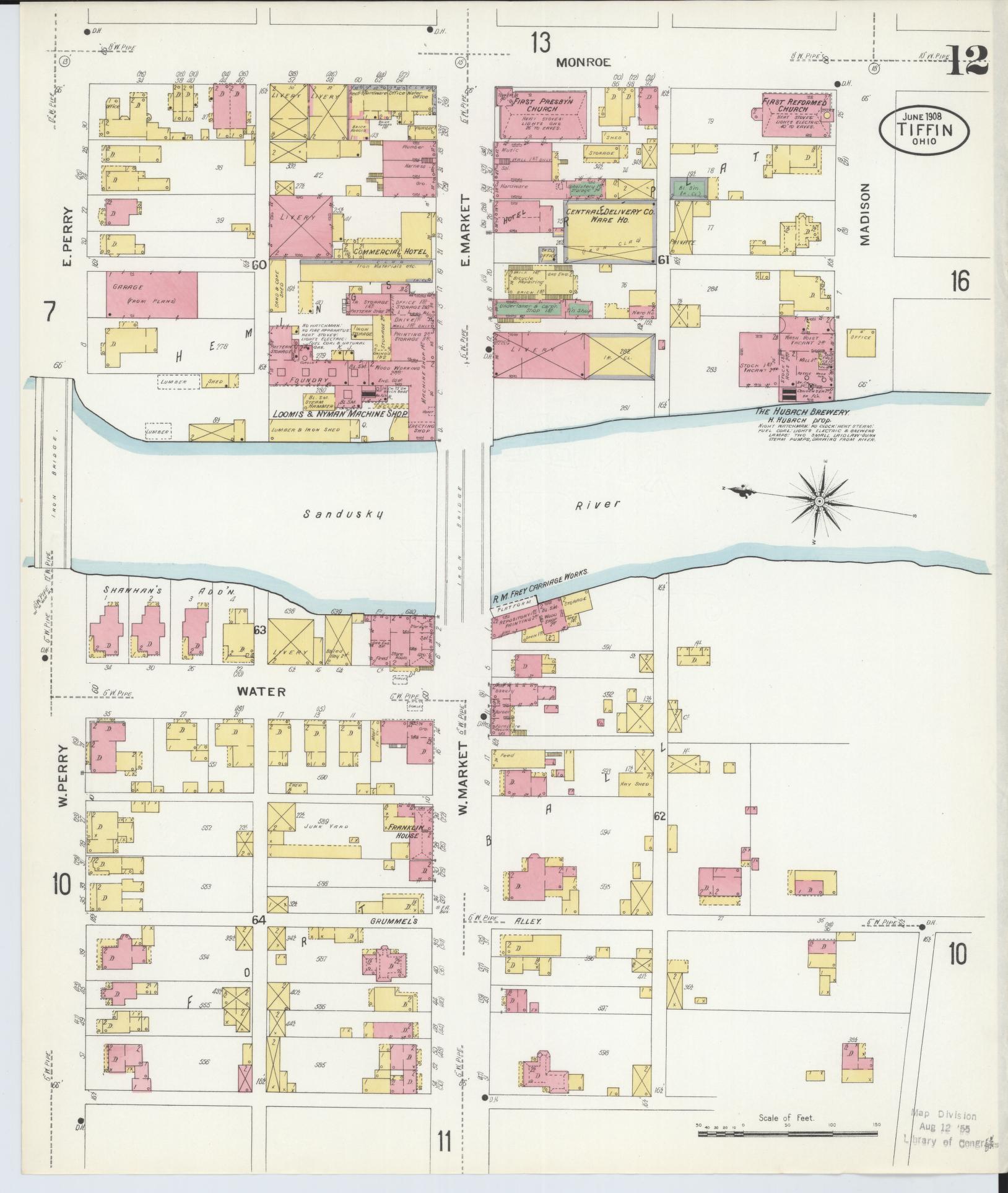 Sanborn Fire Insurance Map from Tiffin, Seneca County, Ohio (1908), Sheet #0012 - Complete Map Set gallery image, historic Sanborn map, vintage wall art, Ohio Ohio
