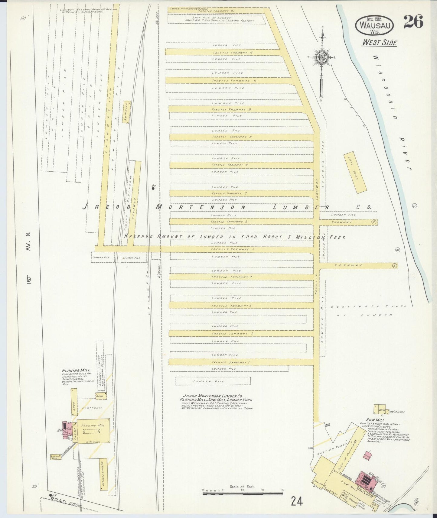 Sanborn Fire Insurance Map from Wausau, Marathon County, Wisconsin (1912), Sheet #0026 - Historic Sanborn Fire Insurance Map Print, vintage old map wall art, antique decor, genealogy gift, Wisconsin Wisconsin map