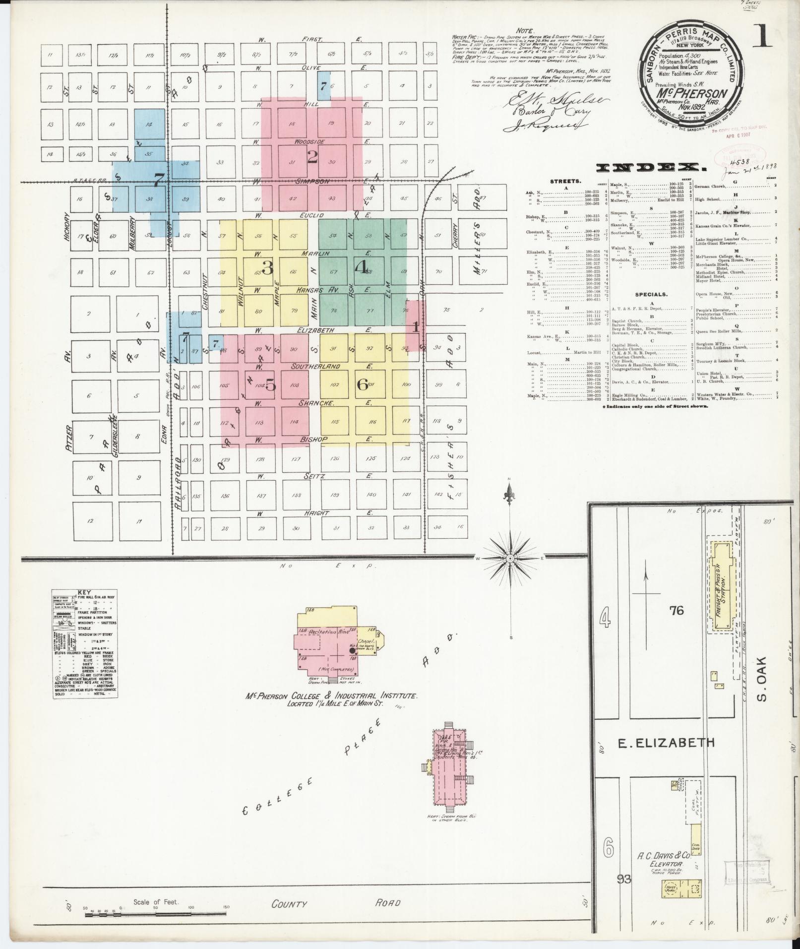 Sanborn Fire Insurance Map from Mcpherson, Mcpherson County, Kansas (1892), Sheet #0001 - Complete Map Set gallery image, historic Sanborn map, vintage wall art, Kansas Kansas