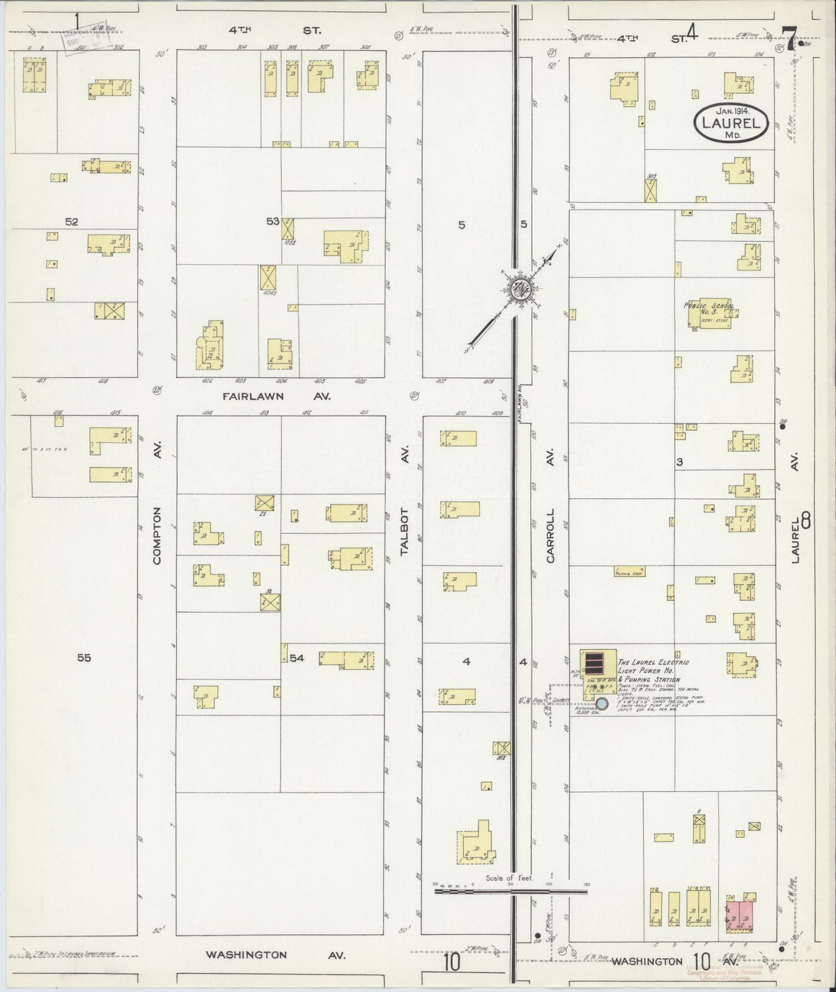 Sanborn Fire Insurance Map from Laurel, Prince Georges County, Maryland (1914), Sheet #0007 - Historic Sanborn Fire Insurance Map Print, vintage old map wall art, antique decor, genealogy gift, Maryland Maryland map