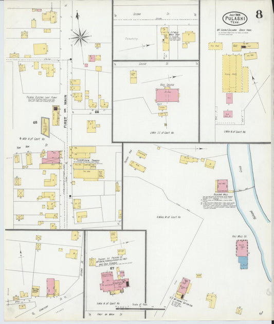 Sanborn Fire Insurance Map from Pulaski, Giles County, Tennessee (1905), Sheet #0008 - Historic Sanborn Fire Insurance Map Print, vintage old map wall art, antique decor, genealogy gift, Tennessee Tennessee map