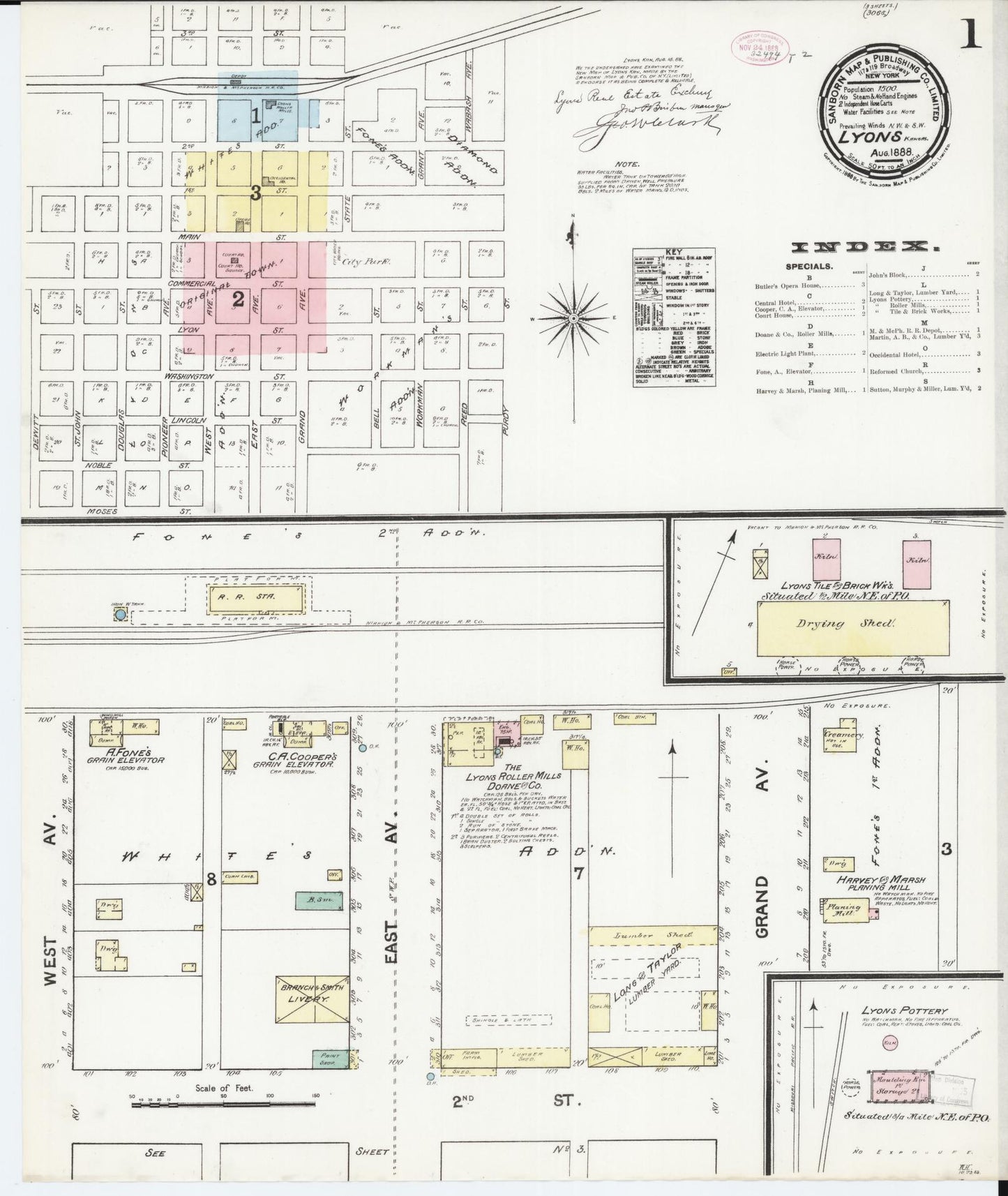 Sanborn Fire Insurance Map from Lyons, Rice County, Kansas (1888), Sheet #0001 - Complete Map Set gallery image, historic Sanborn map, vintage wall art, Kansas Kansas