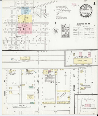 Sanborn Fire Insurance Map from Lyons, Rice County, Kansas (1888), Sheet #0001 - Complete Map Set gallery image, historic Sanborn map, vintage wall art, Kansas Kansas