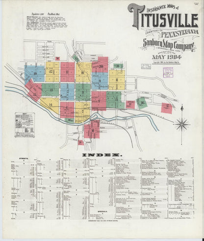 Sanborn Fire Insurance Map from Titusville, Crawford County, Pennsylvania (1904), Sheet #0001 - Historic Sanborn Fire Insurance Map Print, vintage old map wall art, antique decor, genealogy gift, Pennsylvania Pennsylvania map