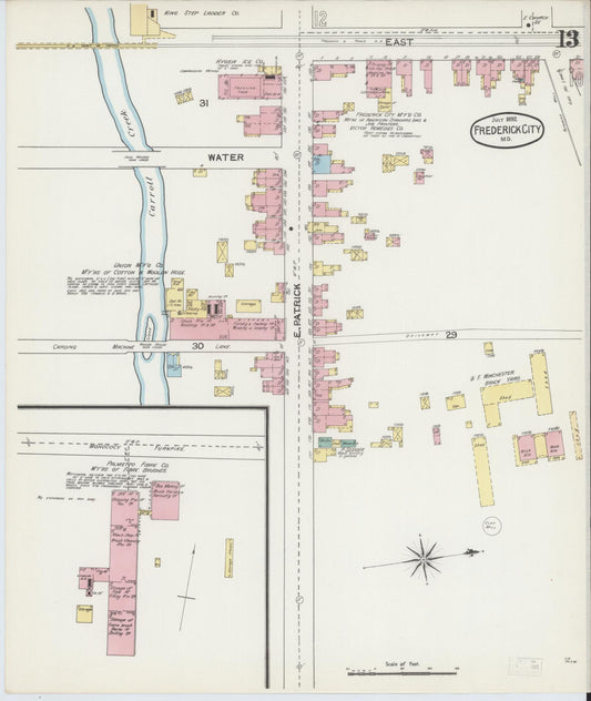 Frederick, Maryland - 1892 - Sanborn Fire Insurance Map, Sheet #0013 - Historic Sanborn Fire Insurance Map Print, Frederick Maryland 1892 0013 vintage old map wall art