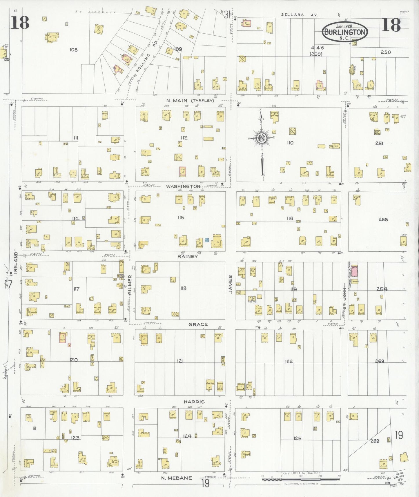 Sanborn Fire Insurance Map from Burlington, Alamance County, North Carolina (1929), Sheet #0018 - Complete Map Set gallery image, historic Sanborn map, vintage wall art, North Carolina North Carolina