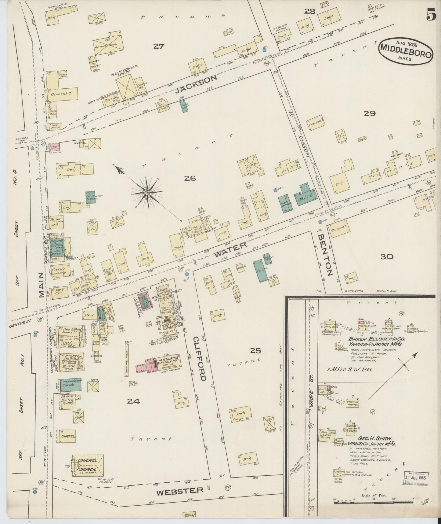 Sanborn Fire Insurance Map from Middleboro, Plymouth County, Massachusetts (1885), Sheet #0005 - Complete Map Set gallery image, historic Sanborn map, vintage wall art, Massachusetts Massachusetts
