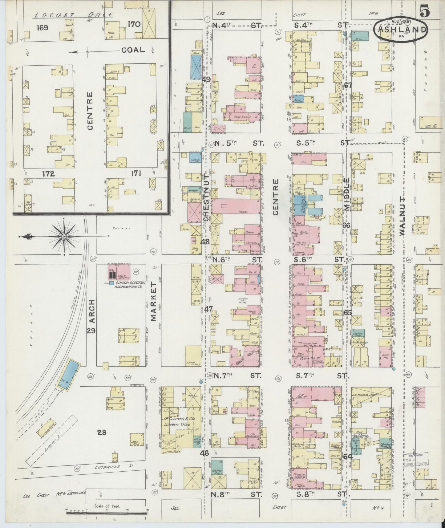 Sanborn Fire Insurance Map from Ashland, Schuylkill County, Pennsylvania (1891), Sheet #0005 - Historic Sanborn Fire Insurance Map Print, vintage old map wall art, antique decor, genealogy gift, Pennsylvania Pennsylvania map