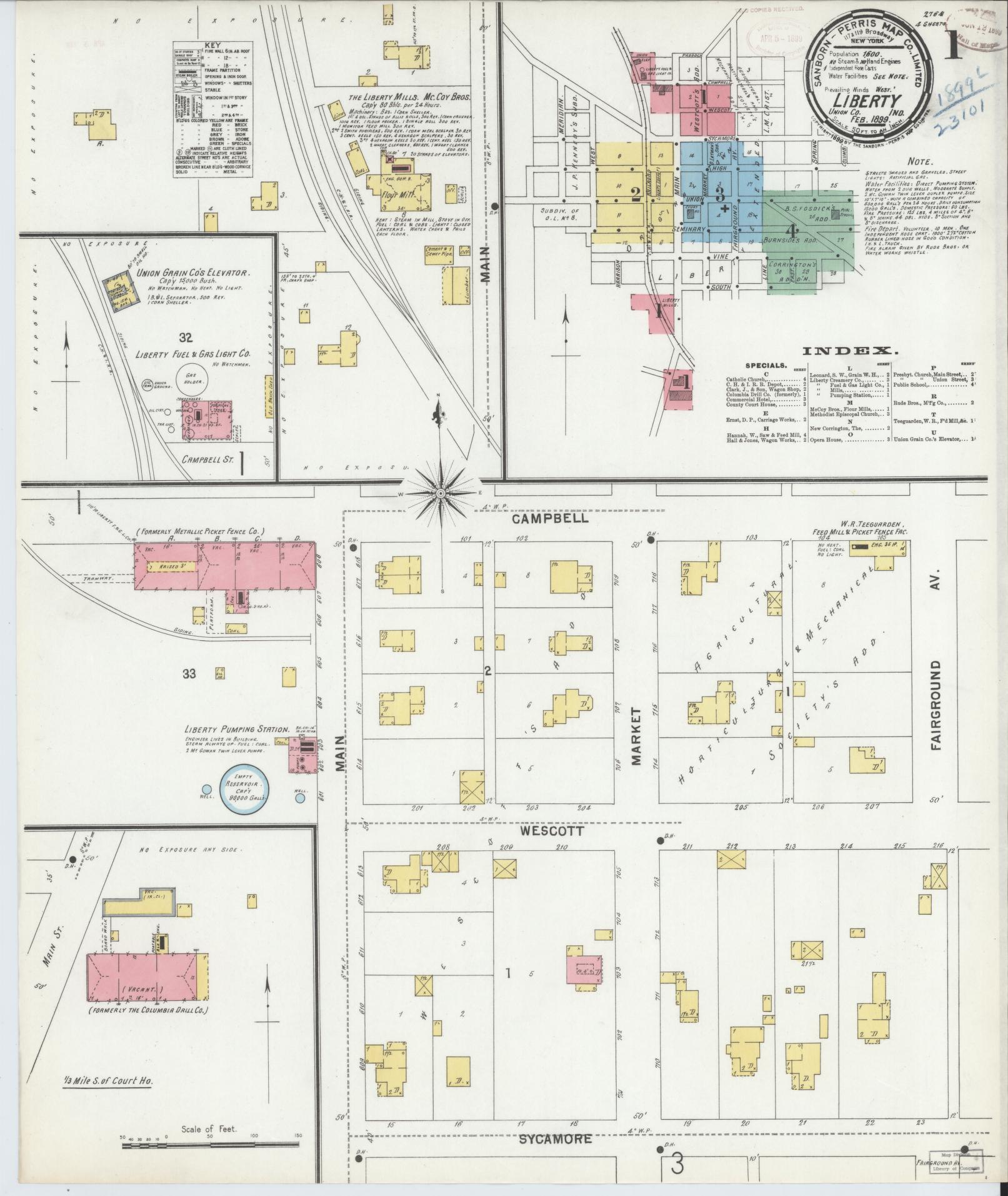 Sanborn Fire Insurance Map from Liberty, Union County, Indiana (1899), Sheet #0001 - Historic Sanborn Fire Insurance Map Print, vintage old map wall art, antique decor, genealogy gift, Indiana Indiana map