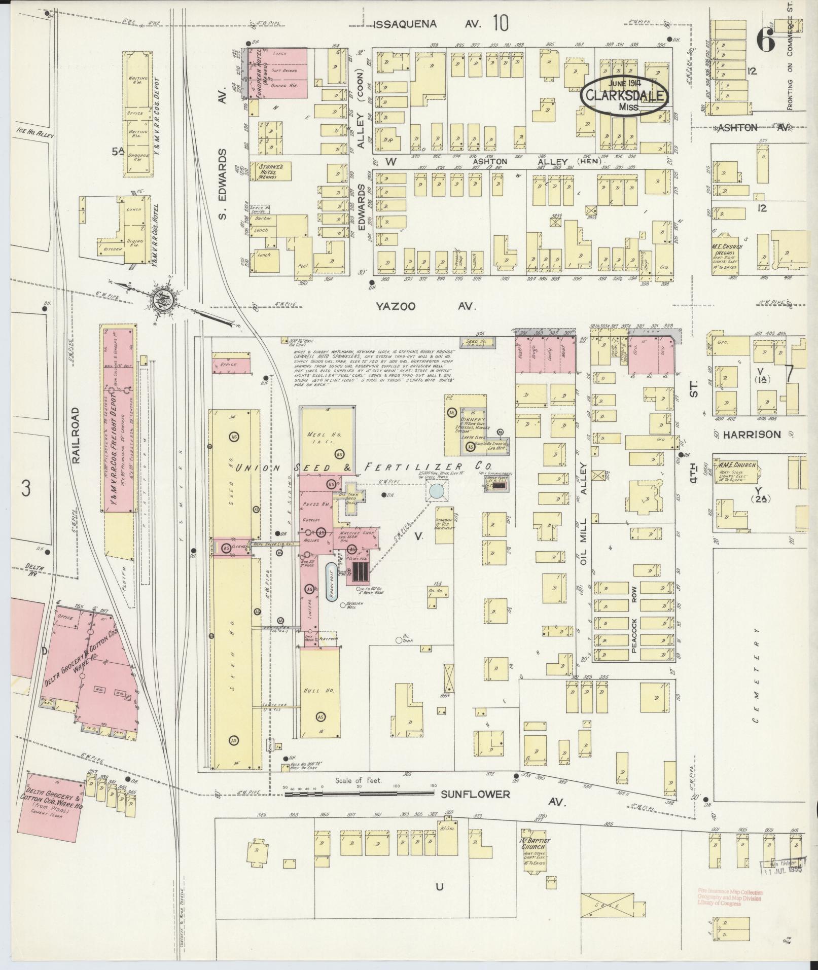 Sanborn Fire Insurance Map from Clarksdale, Coahoma County, Mississippi (1914), Sheet #0006 - Historic Sanborn Fire Insurance Map Print, vintage old map wall art, antique decor, genealogy gift, Mississippi Mississippi map