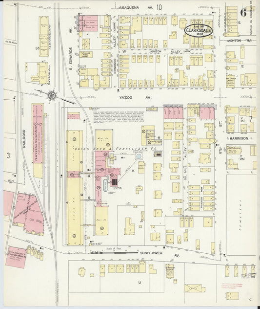 Sanborn Fire Insurance Map from Clarksdale, Coahoma County, Mississippi (1914), Sheet #0006 - Historic Sanborn Fire Insurance Map Print, vintage old map wall art, antique decor, genealogy gift, Mississippi Mississippi map