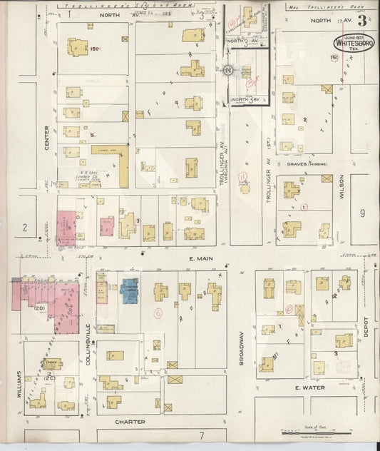 Sanborn Fire Insurance Map from Whitesboro, Grayson County, Texas (1943), Sheet #0003 - Historic Sanborn Fire Insurance Map Print, vintage old map wall art, antique decor, genealogy gift, Texas Texas map