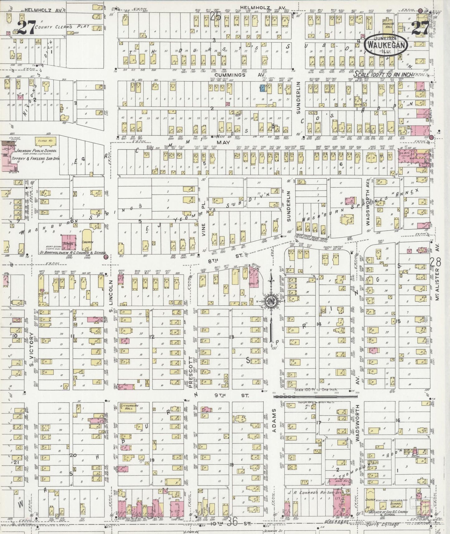 Sanborn Fire Insurance Map from Waukegan, Lake County, Illinois (1924), Sheet #0027 - Complete Map Set gallery image, historic Sanborn map, vintage wall art, Illinois Illinois